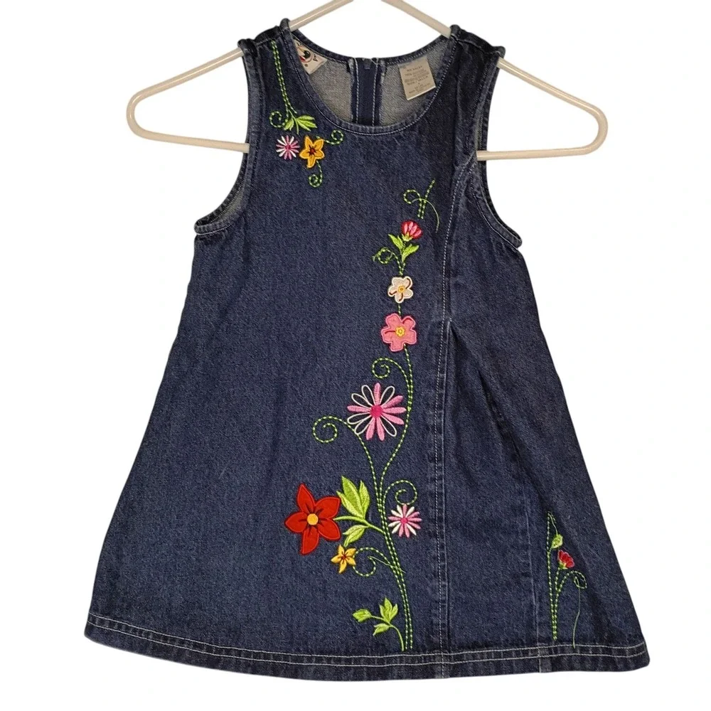 Vintage Duck Head Denim Jumper Dress Flowers Girls Size 4 Embroidered Zipper